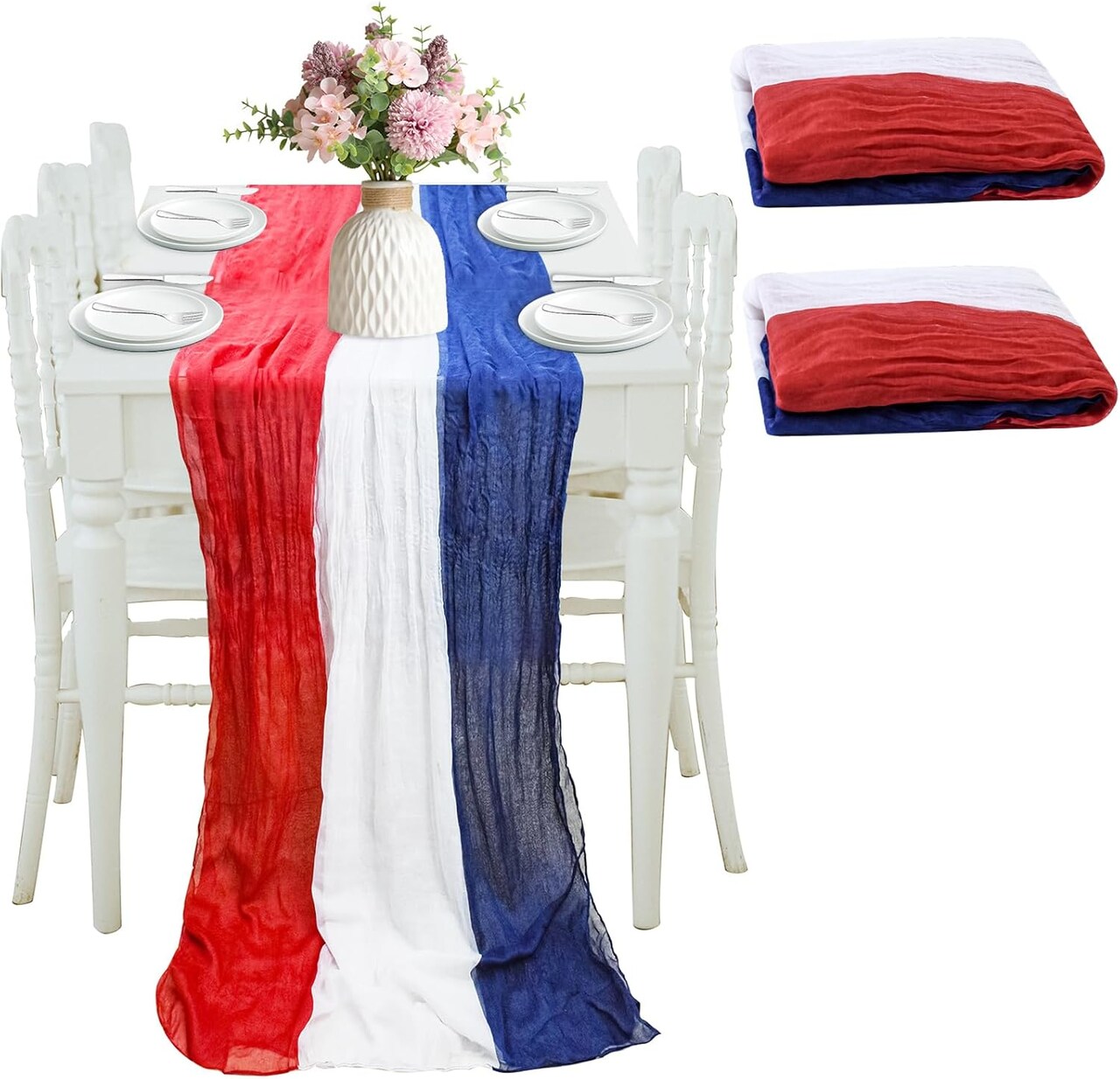 2pc Patriotic Cheesecloth Table Runner - 10ft Red, White & Blue 4th of July Decor